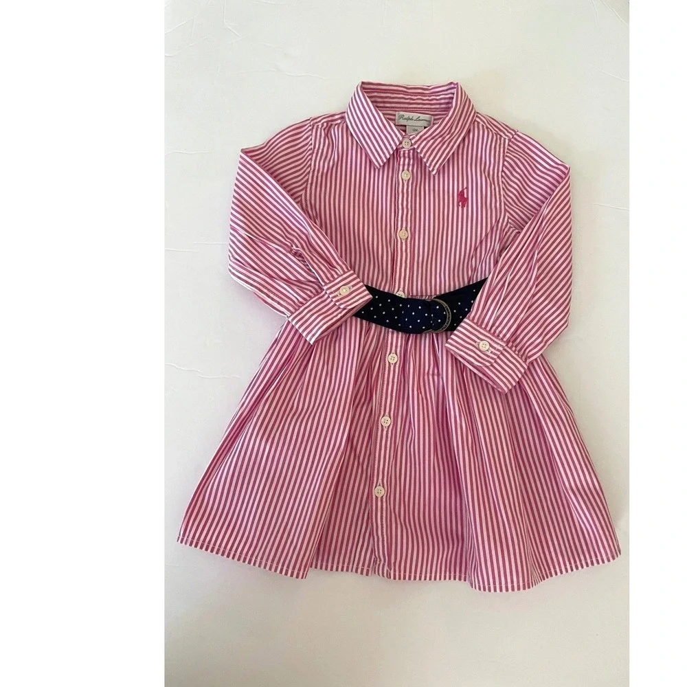 Ralph‎ Lauren Pink White Stripe Button Front Dress Navy Polka Dot Belt Size 12M